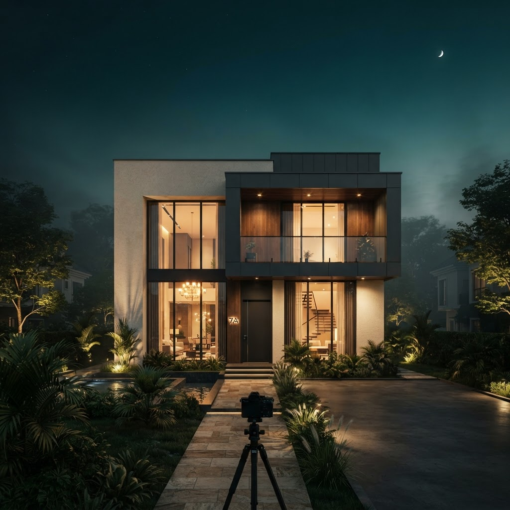 A modern, newly built home in Nigeria at dusk with warm interior lights